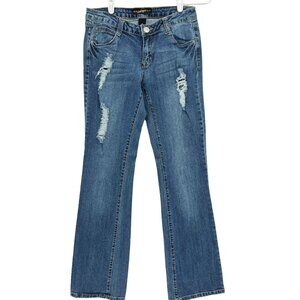 Southpole Women's Blue Denim Jeans Size 7 Distressed Boot Cut Low Rise‎ Stretch
